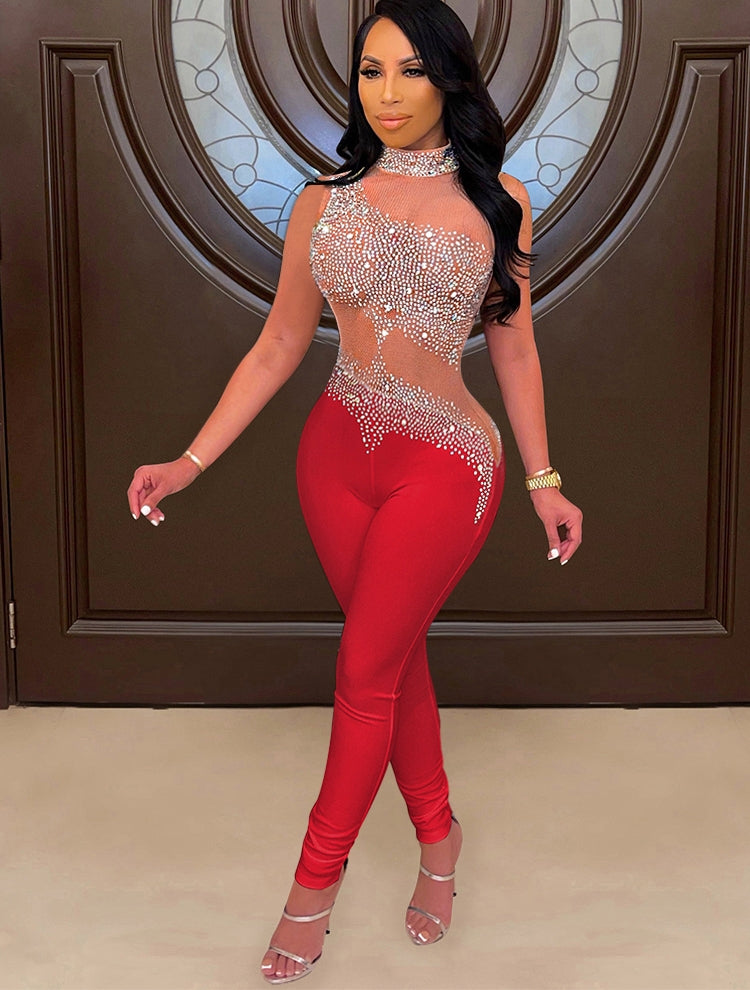 Spring Sexy Red Mesh Patch Beaded Sleeveless Party Jumpsuit