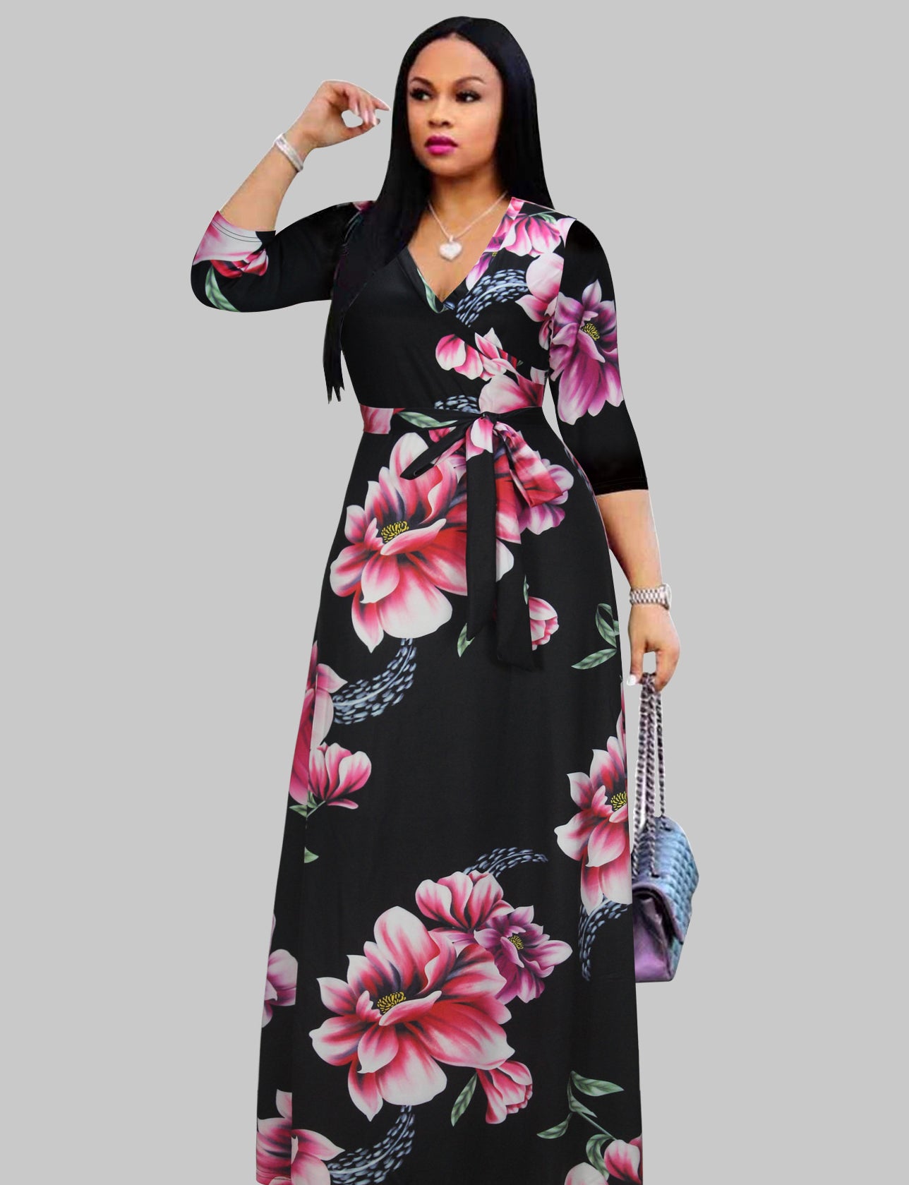 Spring & Autumn Women's Fashion Elegant Wrap V-Neck Half-Sleeve Print Belt Maxi Dress 15