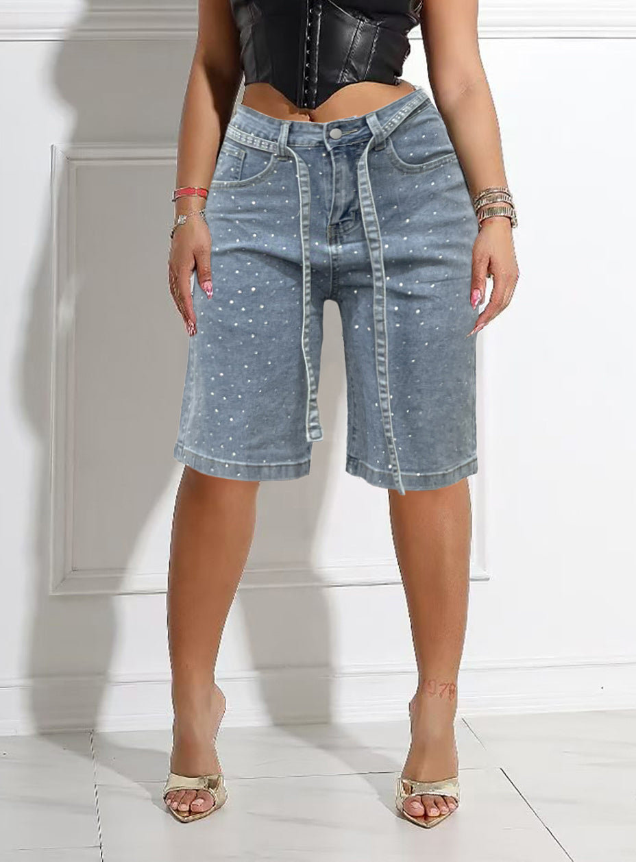 Spring Summer women's loose beaded midi denim pants with belt 3