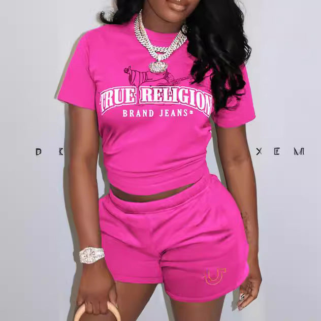 Women's Letter Printed Short-Sleeved Round Neck Sports Casual Two Piece Shorts Set