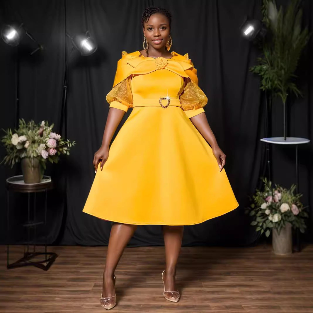 Bow Knot See-Through Lantern Sleeve Party Dress Plus Size A-Line Yellow Dress 3