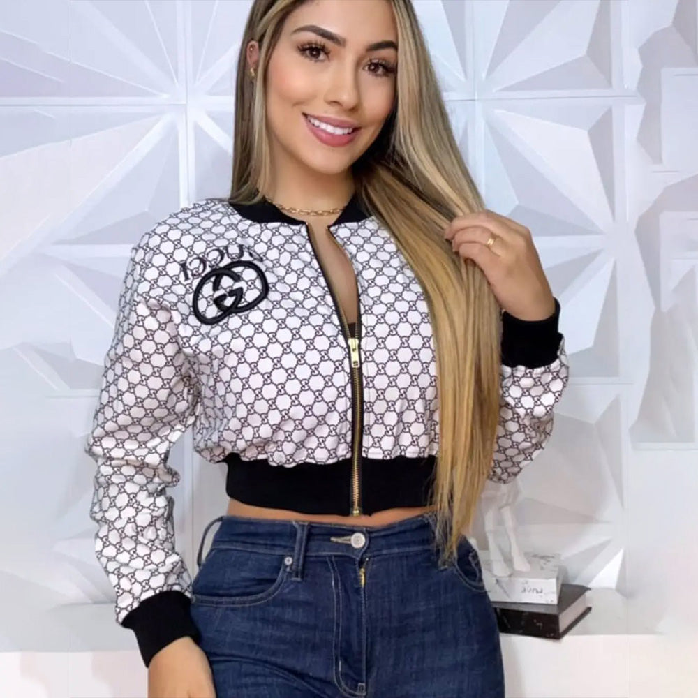 Women Printed Embroidered Ribbed Long-Sleeved Zippered Jacket 4