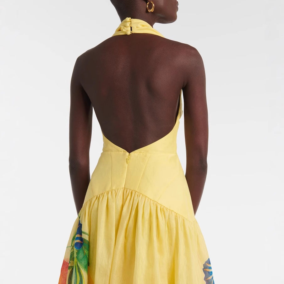 Women's Summer Deep V Halter Neck Low Back Printed A-line Dress 5