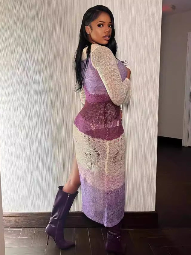 Women's Sexy Off Shoulder Long-Sleeved Contrasting Knitting High-Slit Long Dress 3