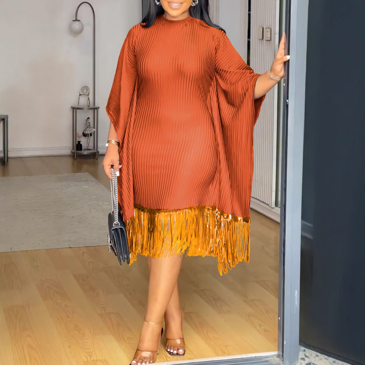 Sequin Tassel Bat Sleeves Elastic Bodycon Dress