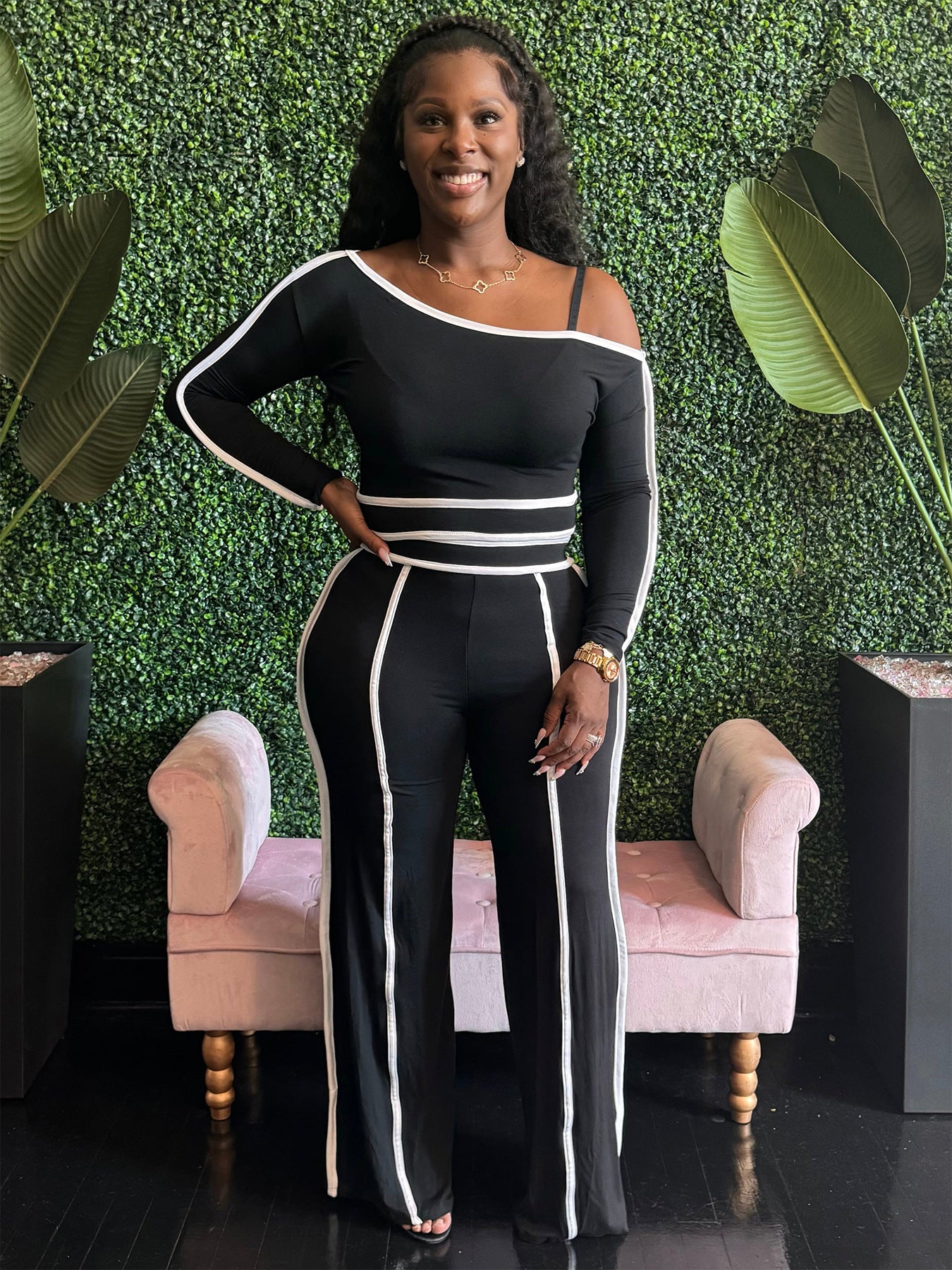 Autumn Women's Clothing Slim Fit Sexy Contrast Color Off Shoulder Long Sleeve Two Piece Pants Set