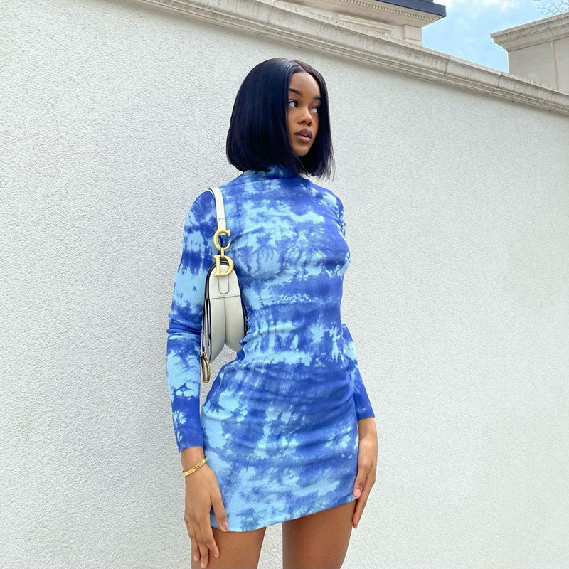 Women Spring Summer Print Stand Collar Long Sleeve Bodycon Dress 3