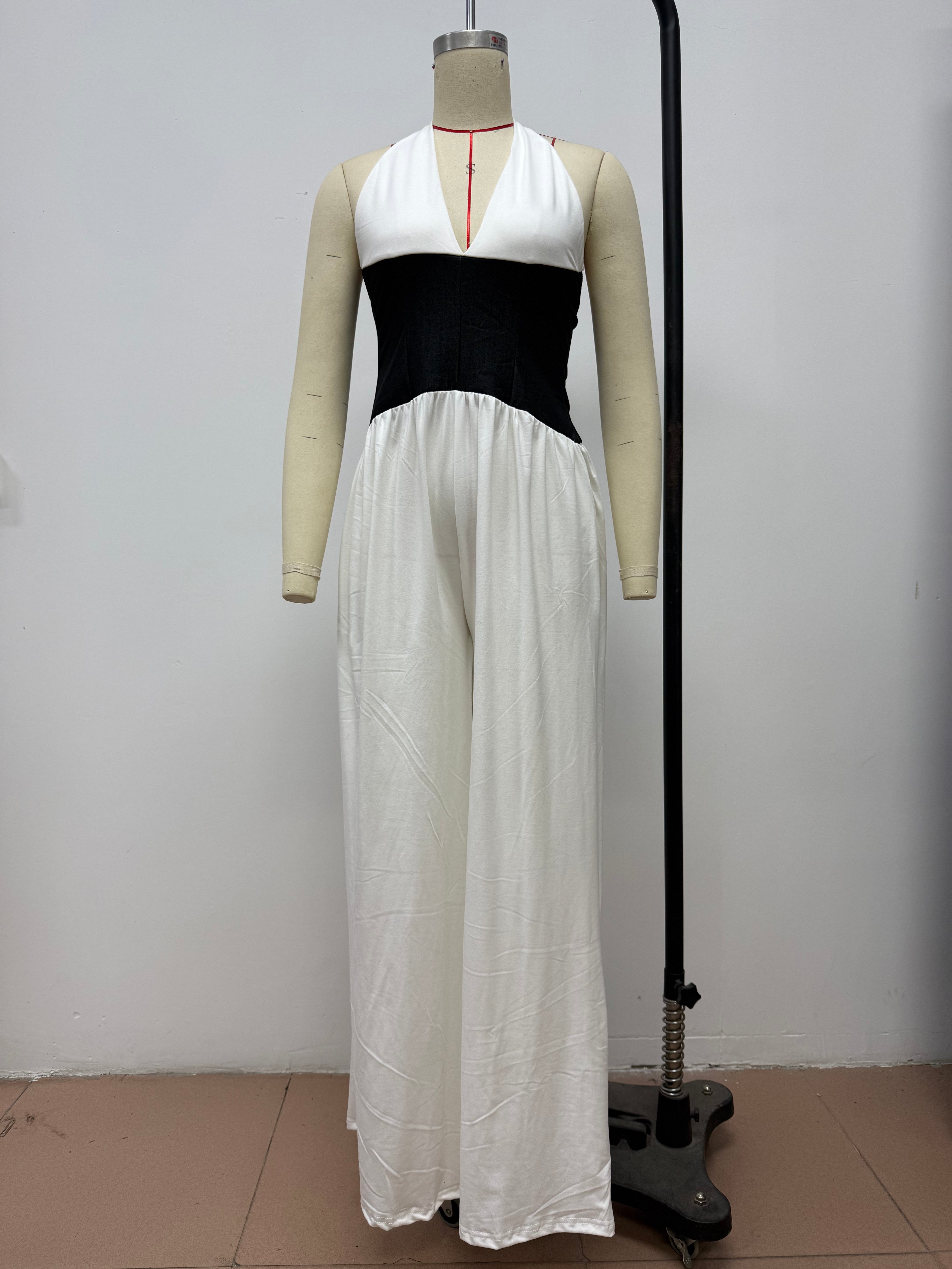 Women Halter Neck Sleeveless Patchwork Wide-leg Jumpsuits 7
