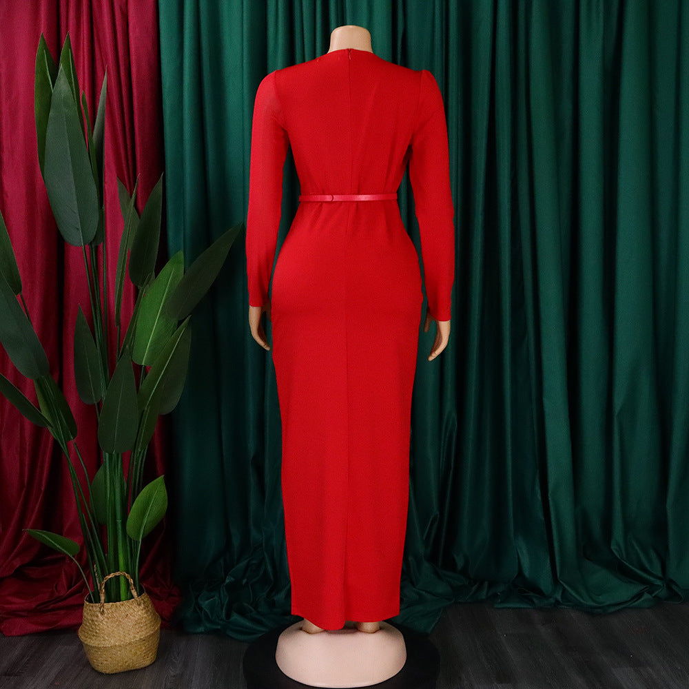 Summer Solid Round Neck Pleated Long Sleeve Plus Size Dress 11