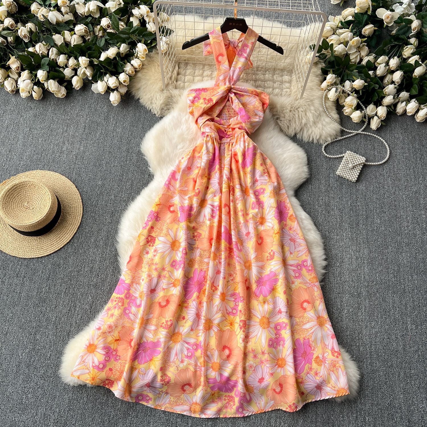 Sexy Cut-Out Halter Neck Strap Dress Women's Slim Waist Chic Holiday Floral Dress