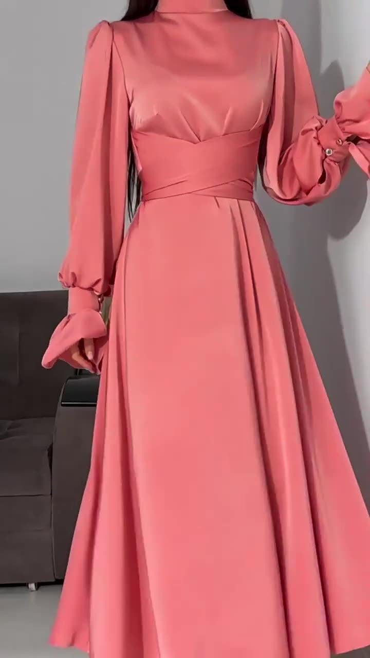 Spring And Autumn Long Sleeve Slim Waist Puff Sleeve Solid Color Satin Dress 6