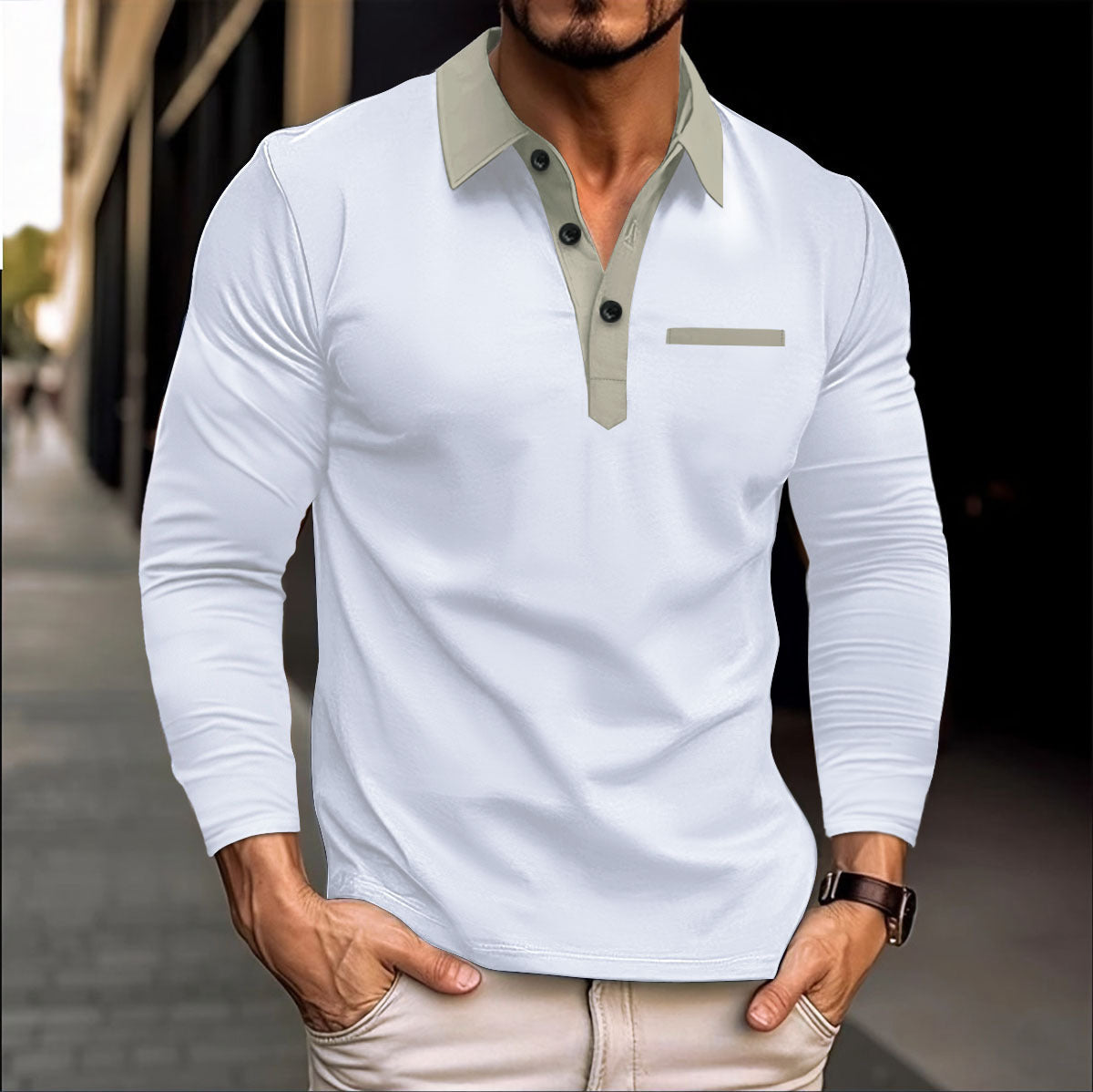 Autumn winter men's long-sleeved polo shirt Turndown Collar fashion color matching top 10