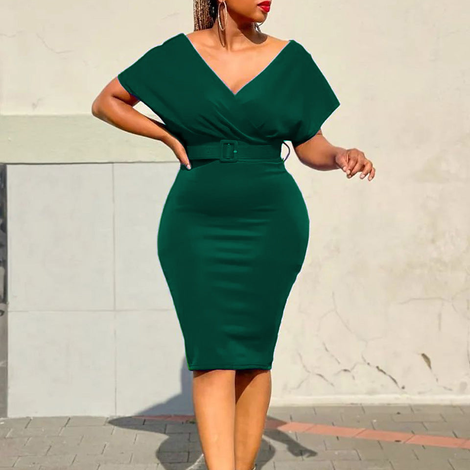 Plus Size Women V Neck Bodycon Stretch Africa Dress with Belt 4