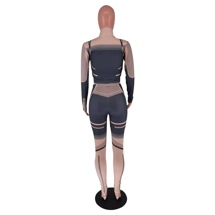 Women's Autumn And Winter Irregular Printed Long Sleeve Tight Fitting Sports Two Piece Pants Set 19