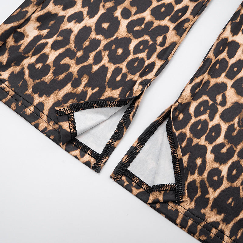 Women's Autumn Winter Leopard Print Off Shoulder Deep V-Neck Finger Sleeve High Waist Pants Set 21