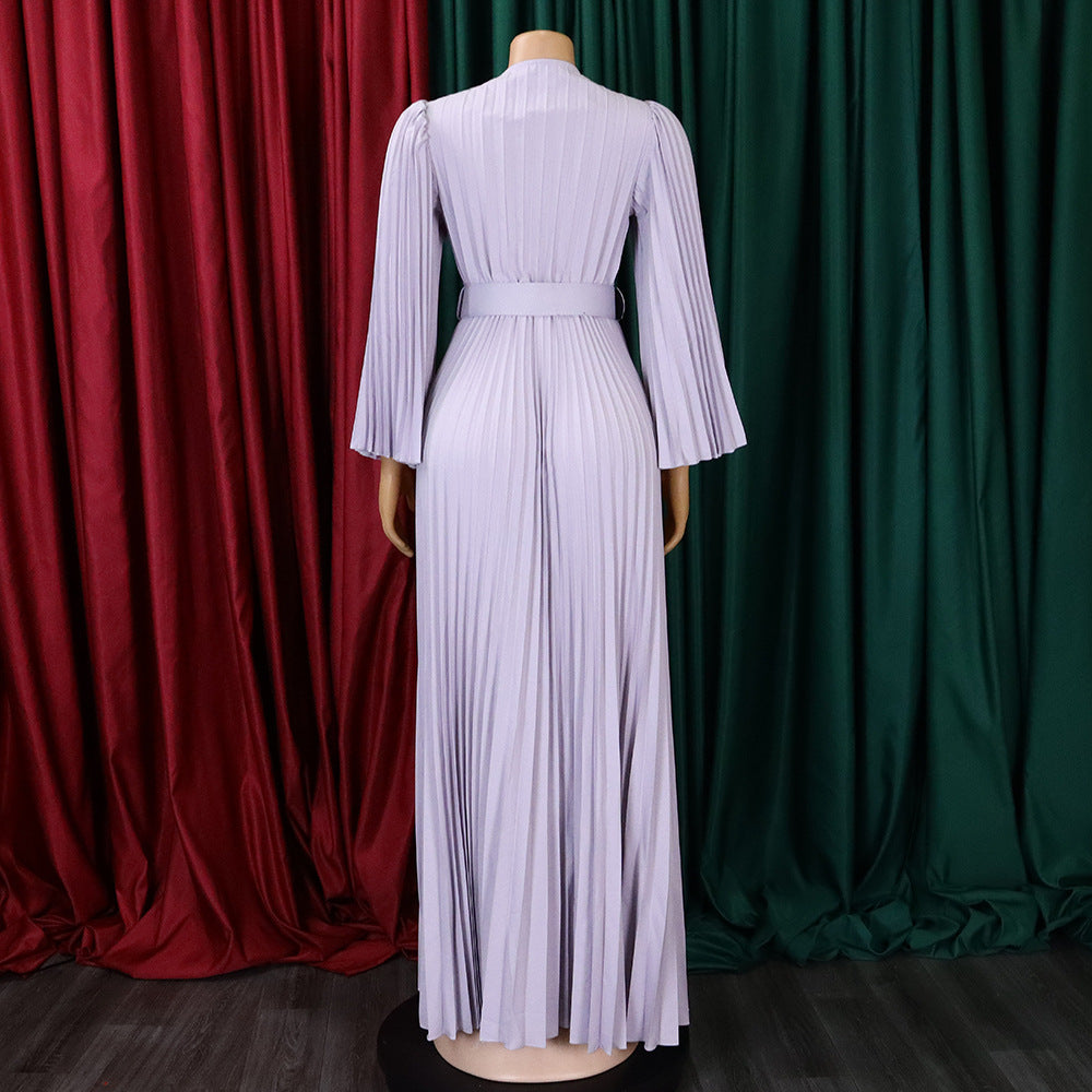 Elegant Women'S Solid Color V-Neck Sexy Pleated Long Dress Maxi Dress 31