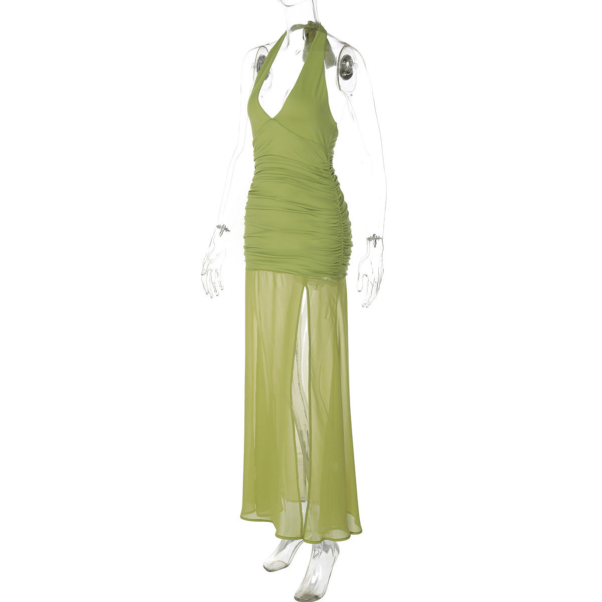 Women Sexy V-Neck Pleated Long Mesh Slit Halter Neck Dress 7