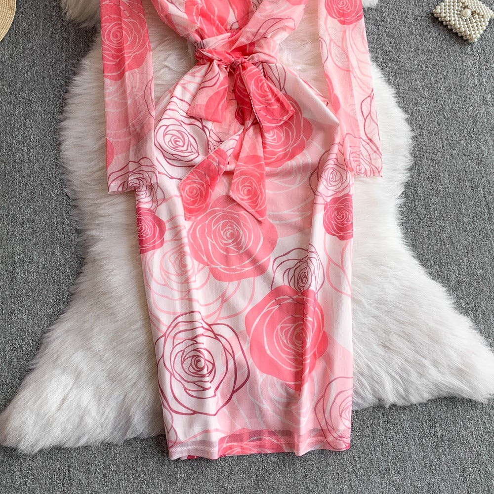 Women French Style Long-Sleeved V-Neck Lace-Up Maxi Print Bodycon Dress 32