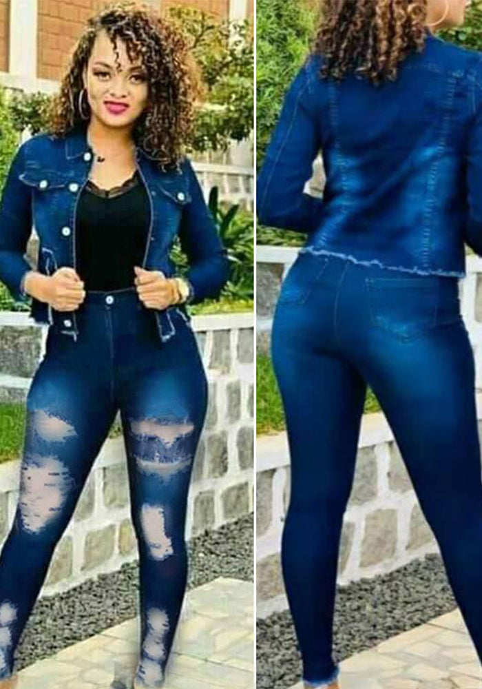 Women Stretchy Denim Pants Ripped Top and Pant Two-Piece Set