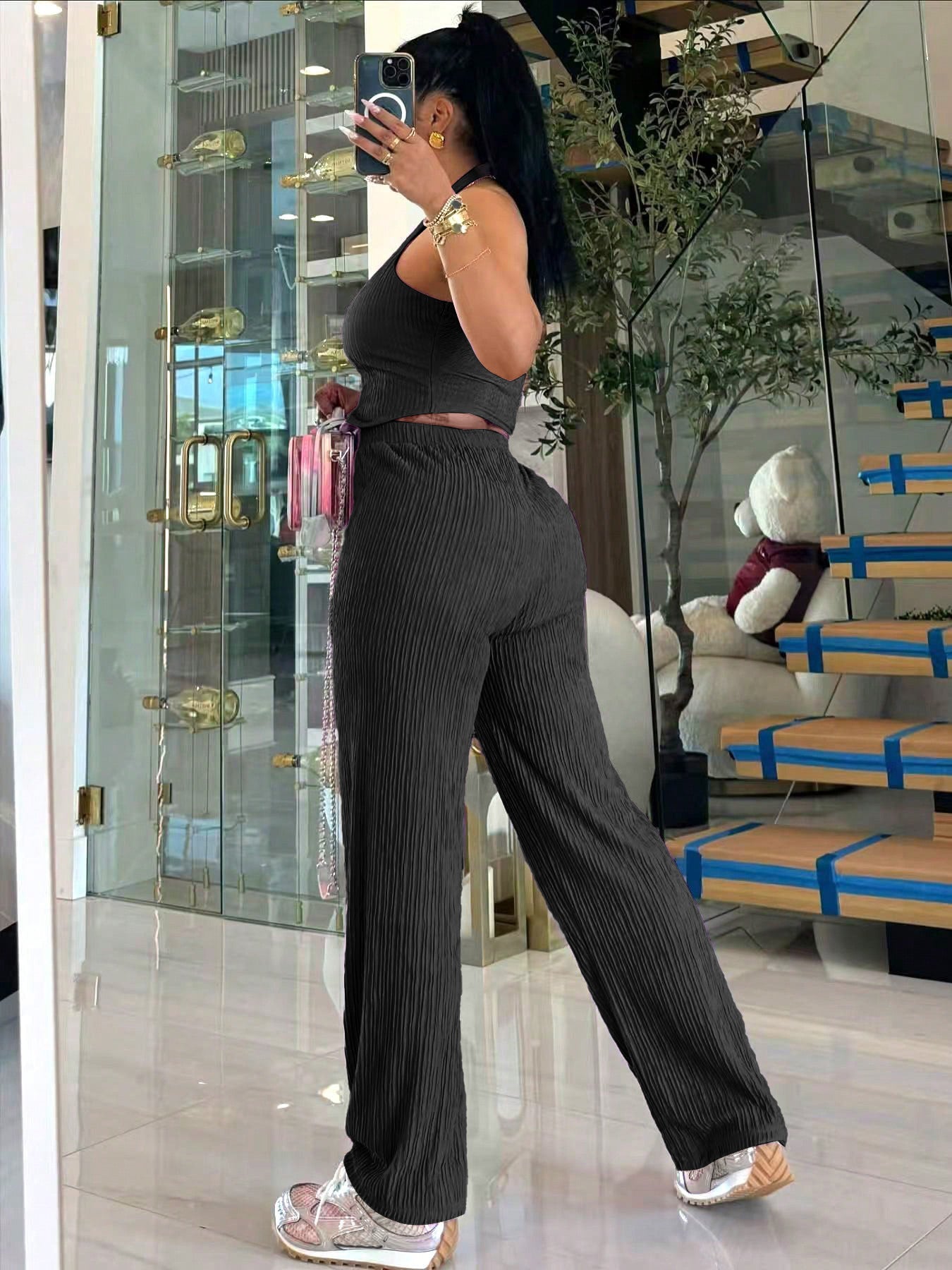 Women Halter Neck Crop Top and Wide Leg Pants Two-piece Set 11