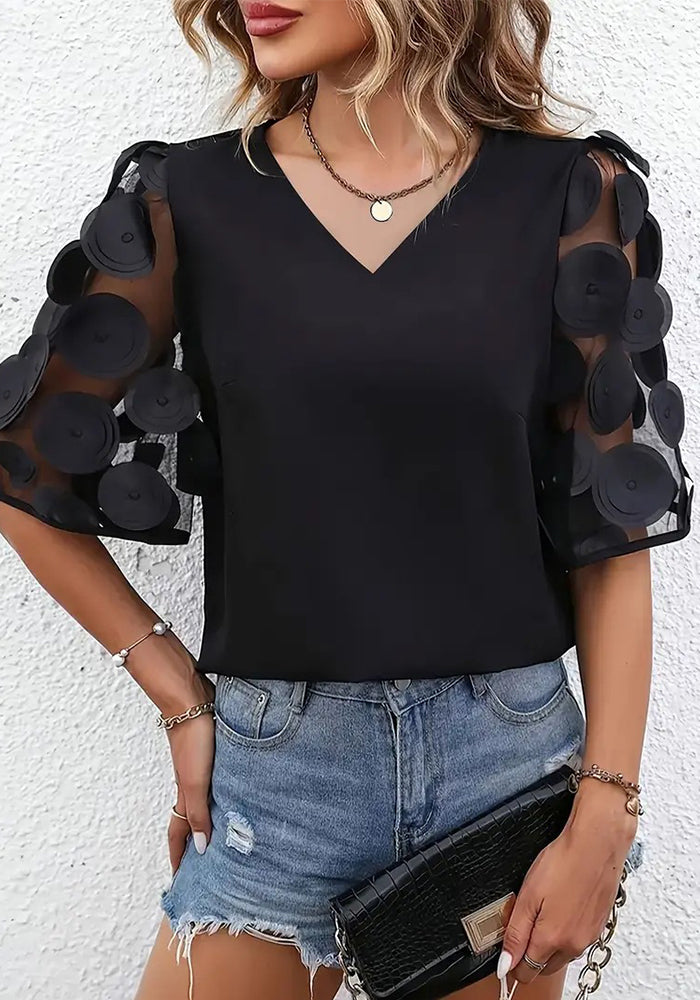 Women Summer Career Solid V-neck Lace Patchwork Short-sleeved Shirt