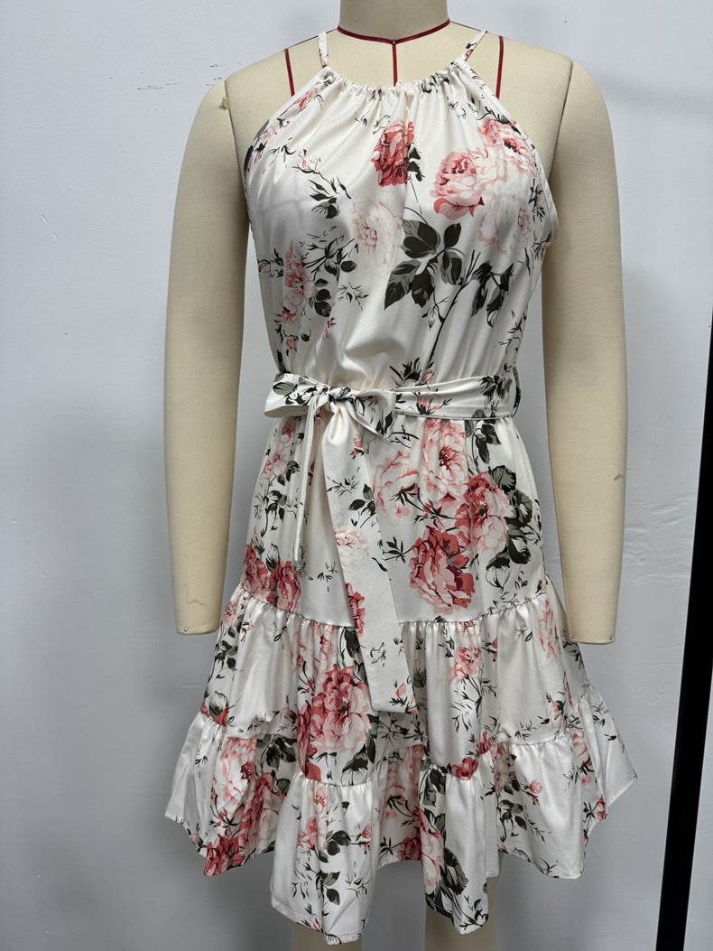 Women spring and summer lace-up printed suspender maxi dress 11