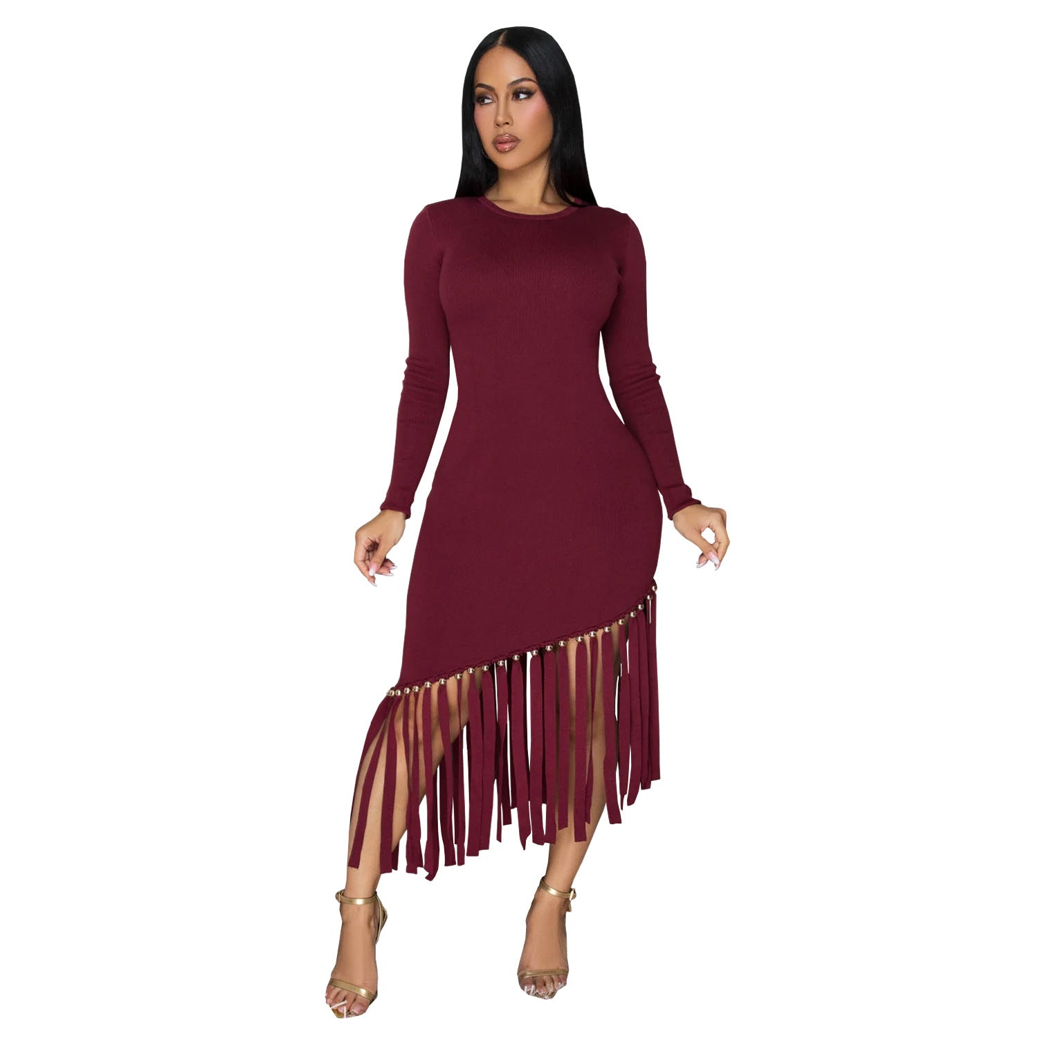 Women Solid Round Neck Tassel Dress 11