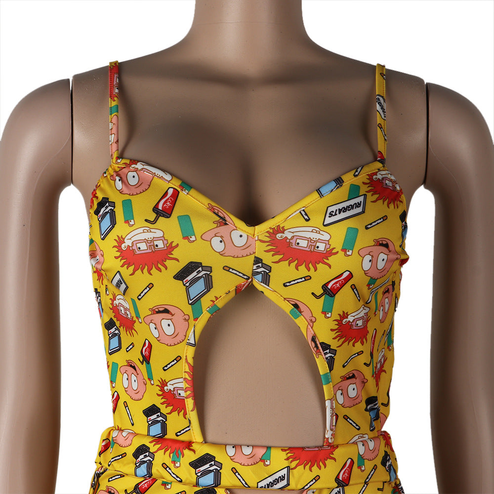 Sexy Women's Solid Color Printed One Piece Swimsuit Mesh Pants Two-Piece Set 28