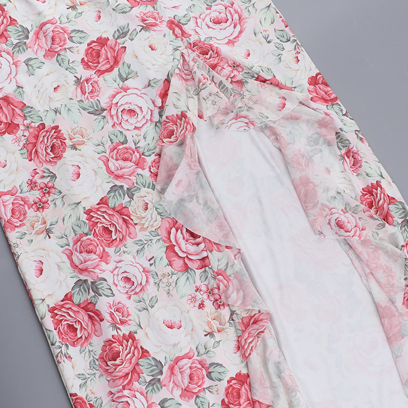 Women Spring Sexy Ruffle Floral Print Slit Dress 14