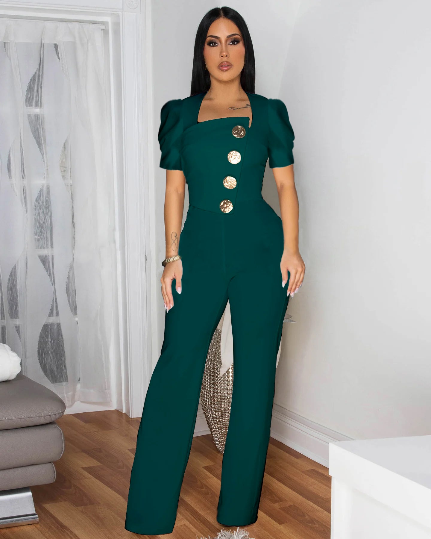 Women Fashion Short Sleeve Button Jumpsuits 4