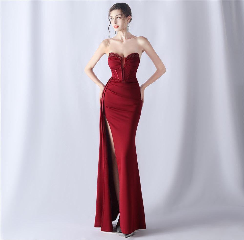 Women fishbone beaded high-end slit evening dress