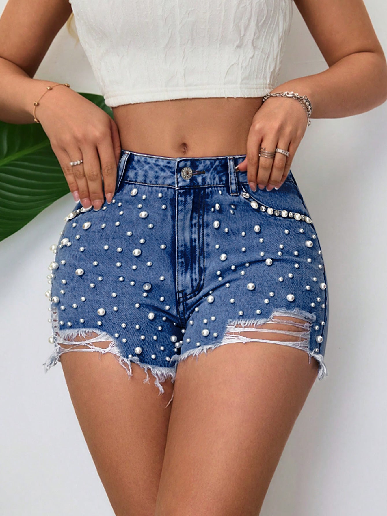 Women's Pearl-Embellished Fashion Denim Shorts 6