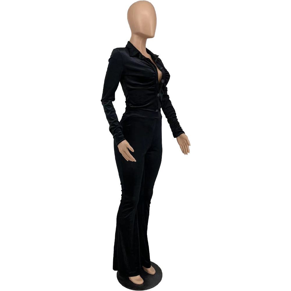 Women's Solid Color Velvet Casual Two-Piece Pants Set 19