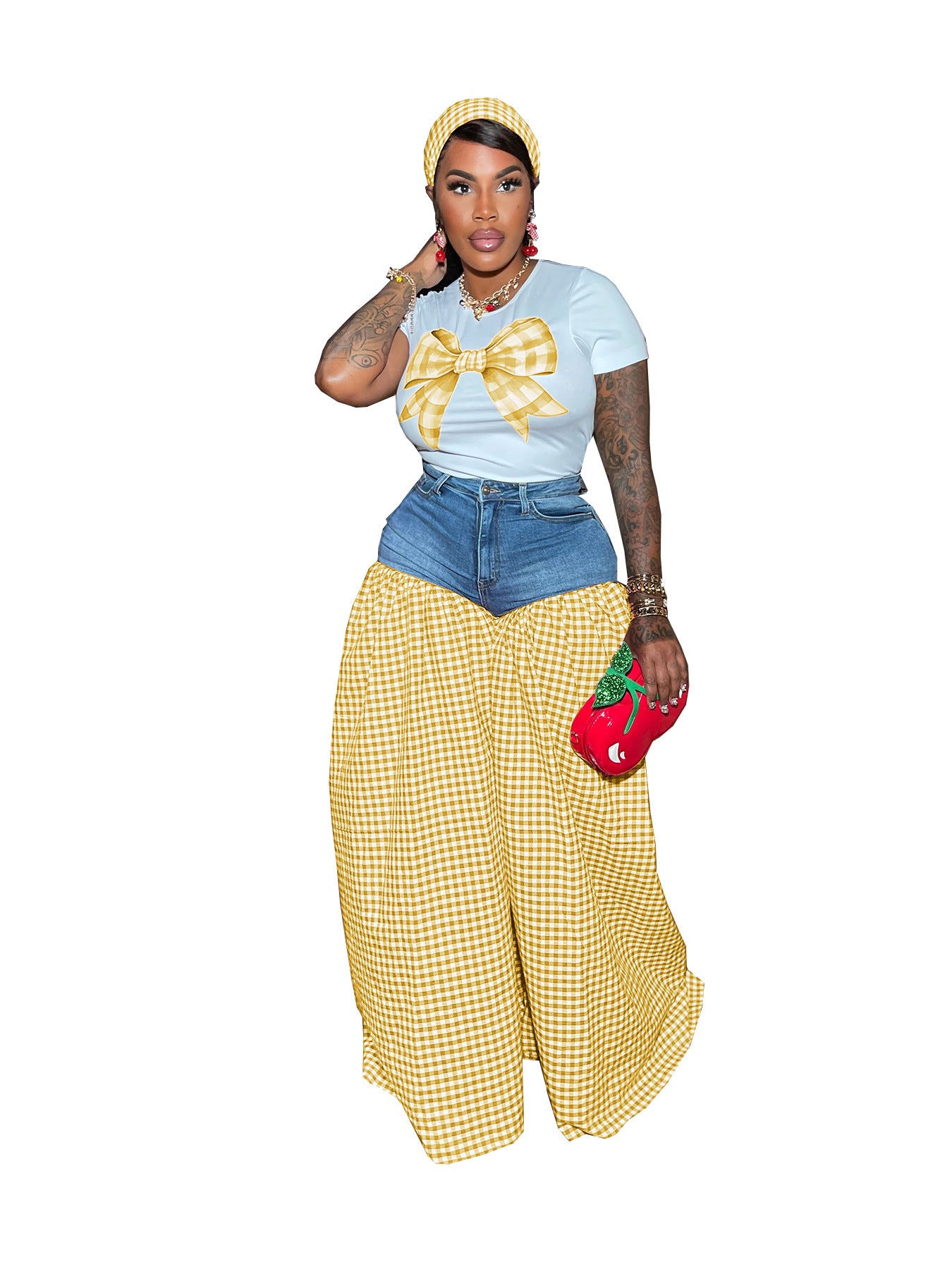 Women Patchwork Plaid Print T-shirt Casual Wide Leg Pants Two-piece Set 12