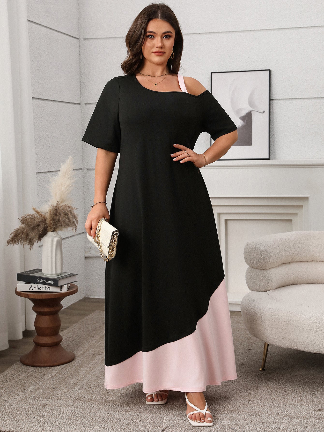 Women Spring and Summer Solid Patchwork Suspender Short Sleeve Dress 3