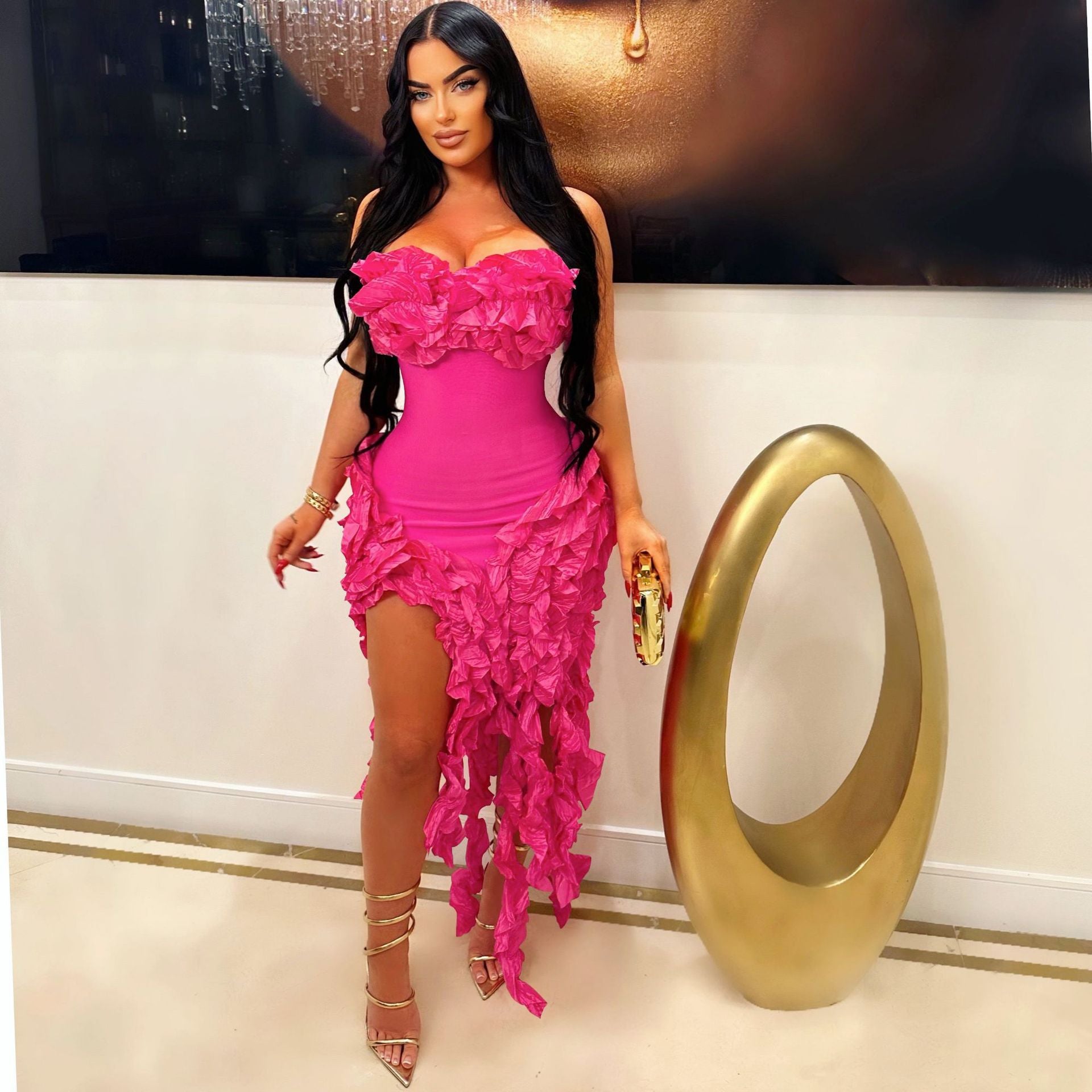 Women's Summer Sexy Strapless Ruffle Tassel Dress 6