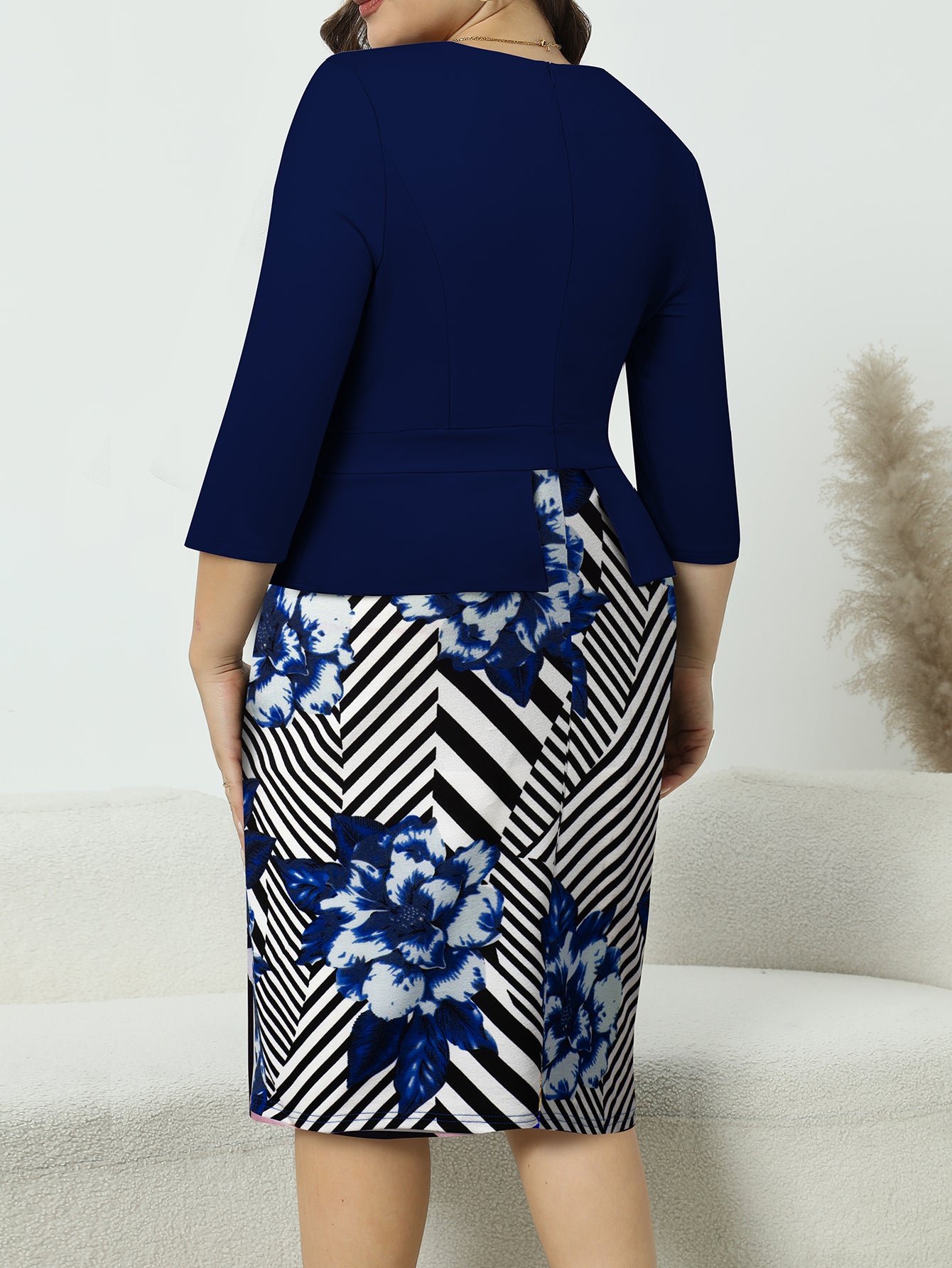 Autumn Plus Size Round Neck Print Patchwork Chic Career Bodycon Dress 18