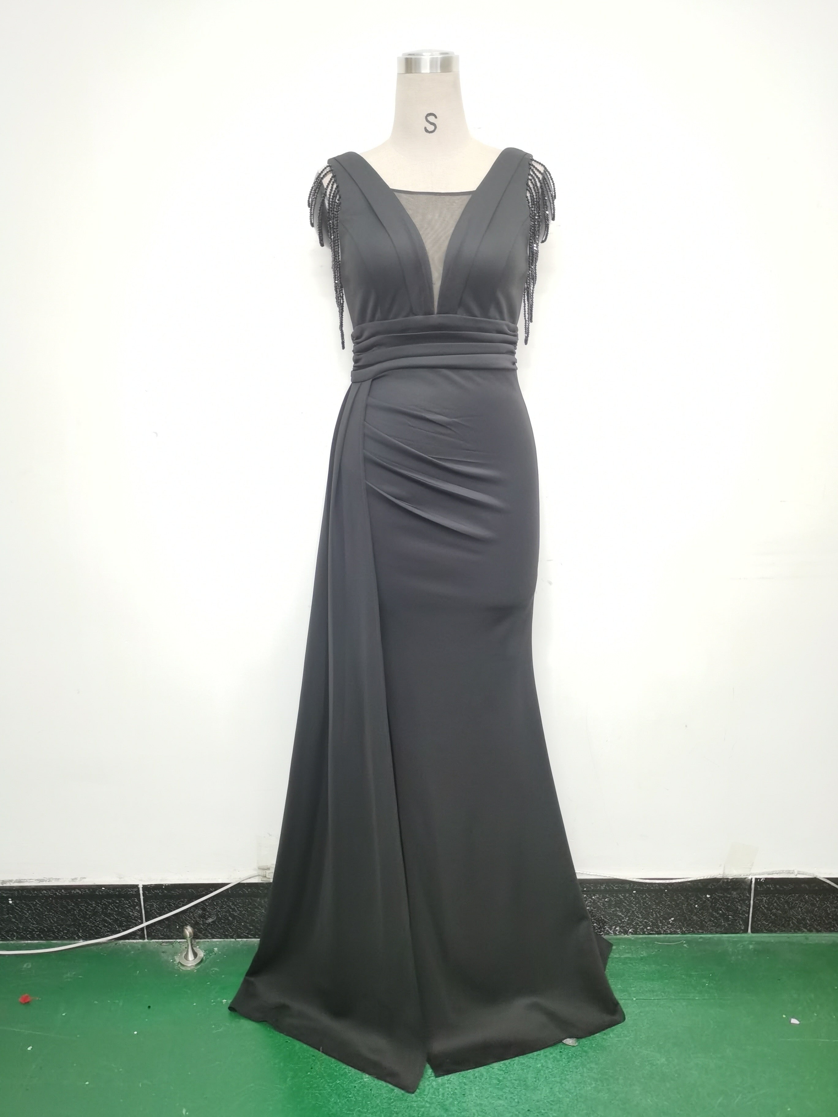 Women Satin Pleated Beaded Evening Dress 28