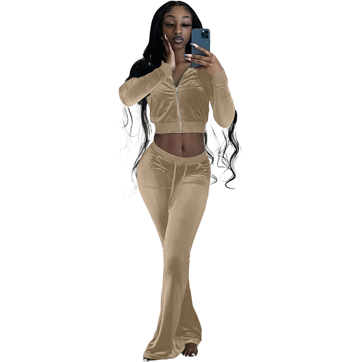Women's Solid Color Velvet Long Sleeve Sexy Zipper Crop Top Pants Casual Sports Two Piece Set 34