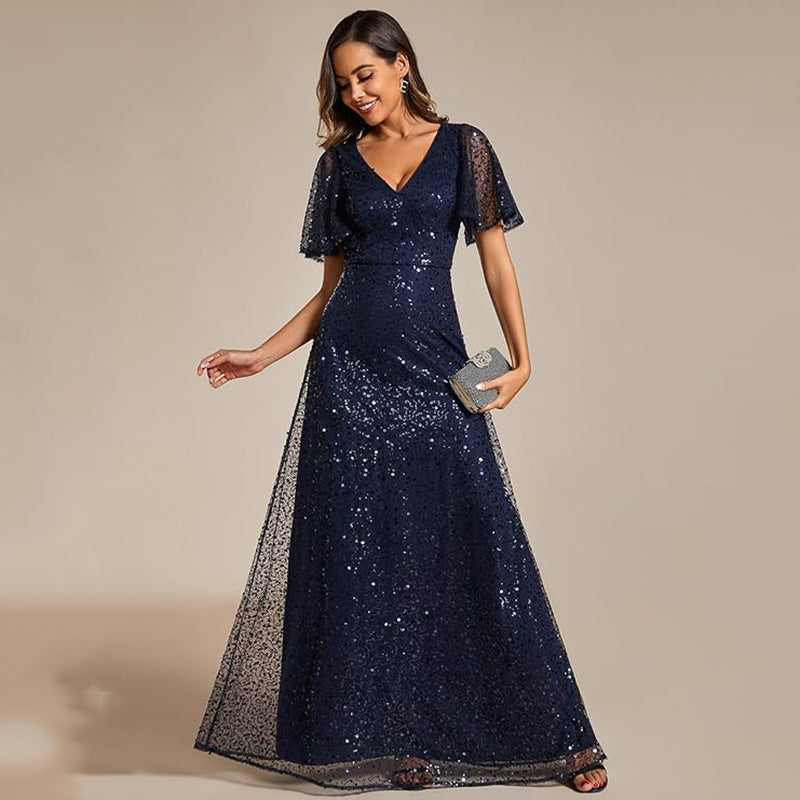 Plus Size V-Neck Ruffle Sleeve Shiny Sequin Evening Dress（Processing time need 3-6 days） 5