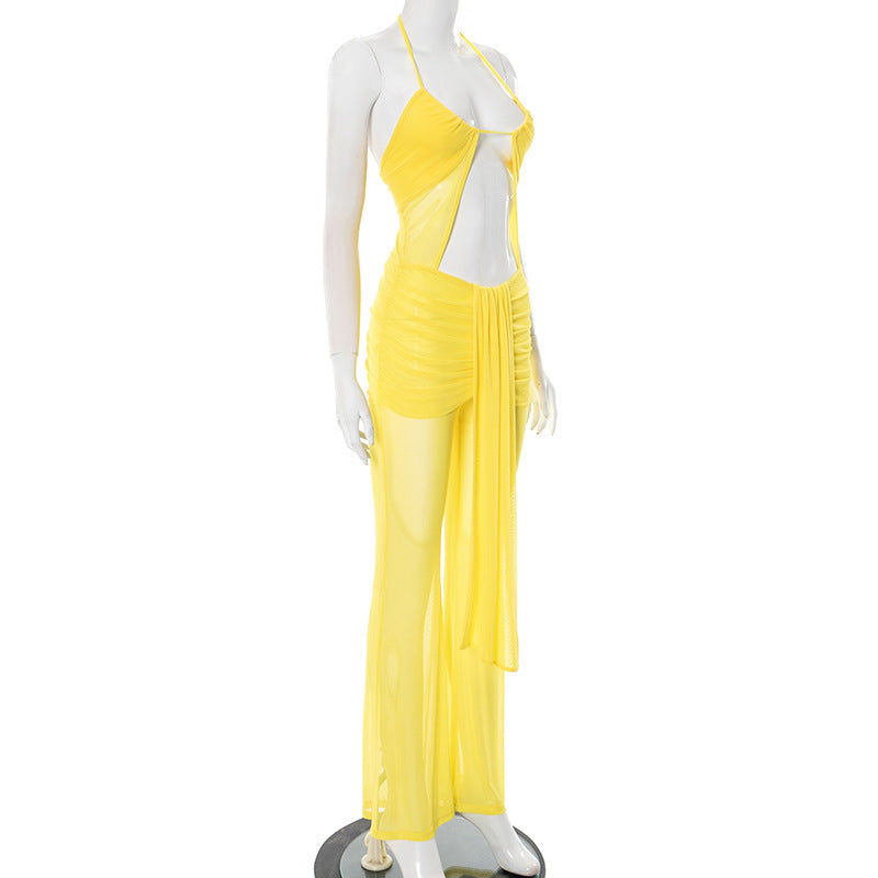 Women's Spring and Summer Halter Neck Open Waist Mesh Drawstring See-Through Hollow Ribbon Jumpsuit 7