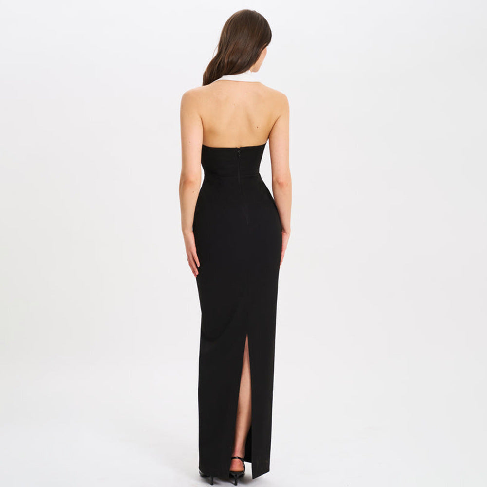 Women Turndown Collar Backless Slit Maxi Dress 5