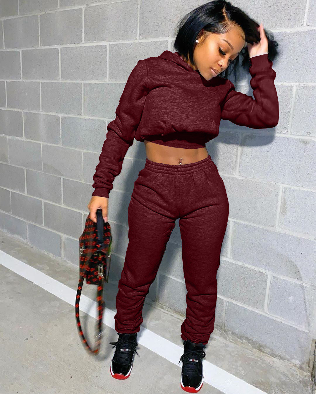 Women Fall/Winter Solid Hoodies and Pant Sport Two-Piece Set 5
