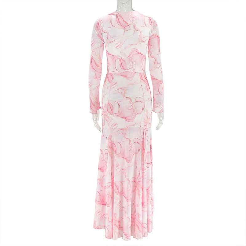 Sweet Printed Long Sleeve Patchwork Long Dress 7