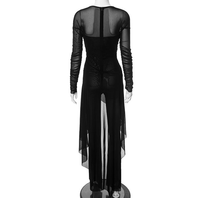 Spring Summer Round Neck Mesh See Through Irregular Zipper Pants Set 8