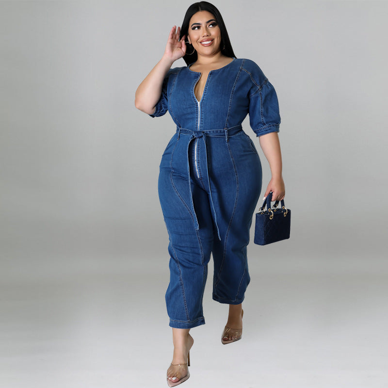 Plus Size Women summer short-sleeved zipper Denim Jumpsuit 3