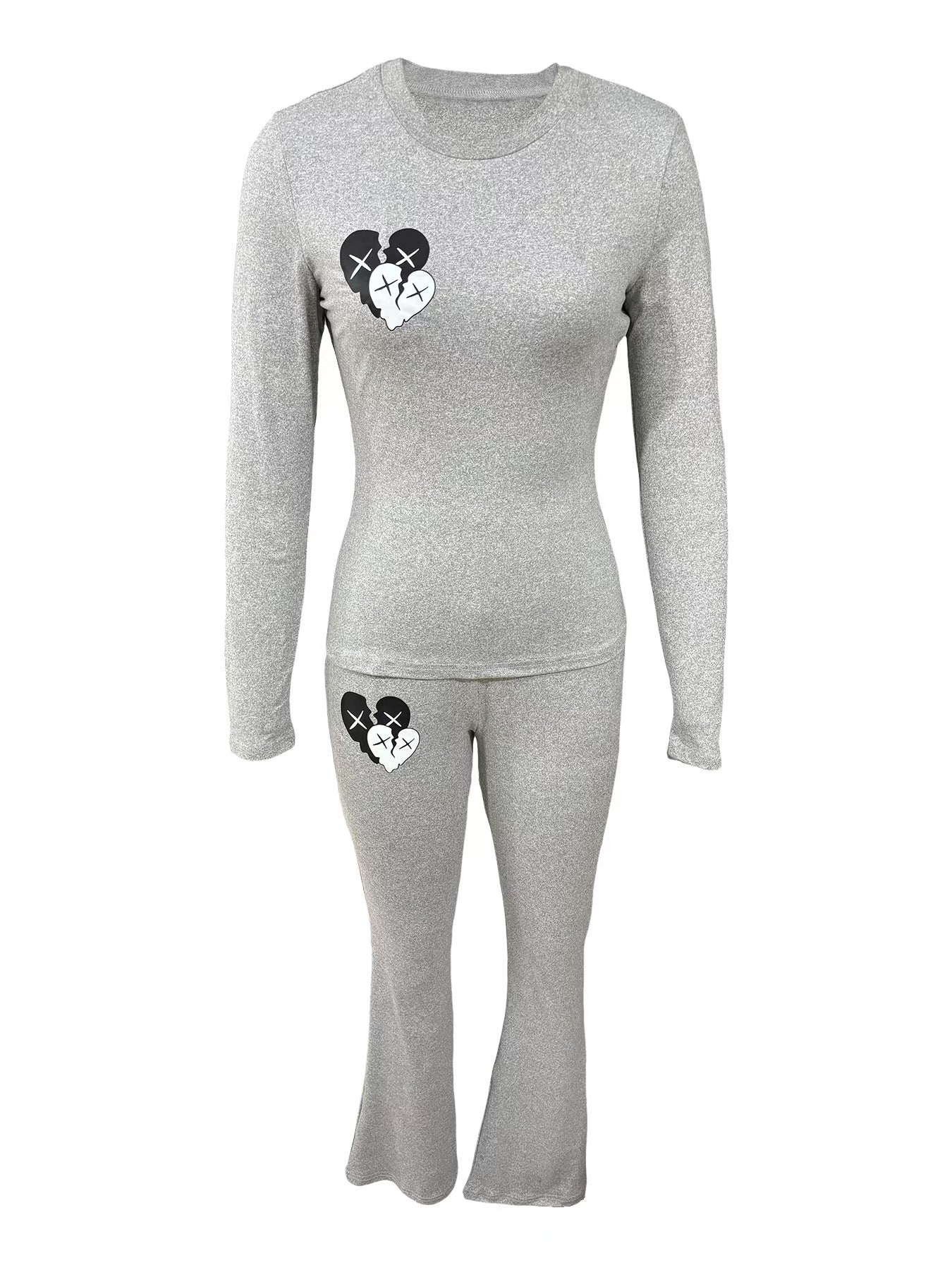Women's Heart Printed Long Sleeve Round Neck T-Shirt Pants Set 9