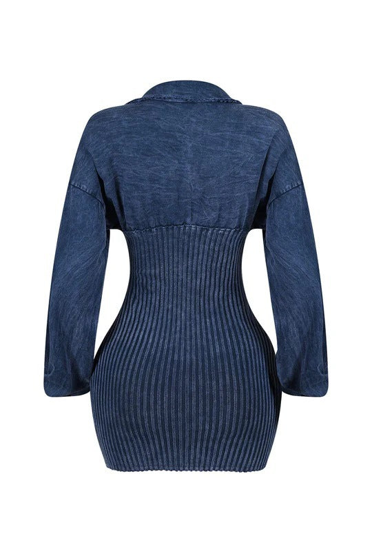 Deep V Women's Slim Patchwork Long Sleeve Denim Dress 6