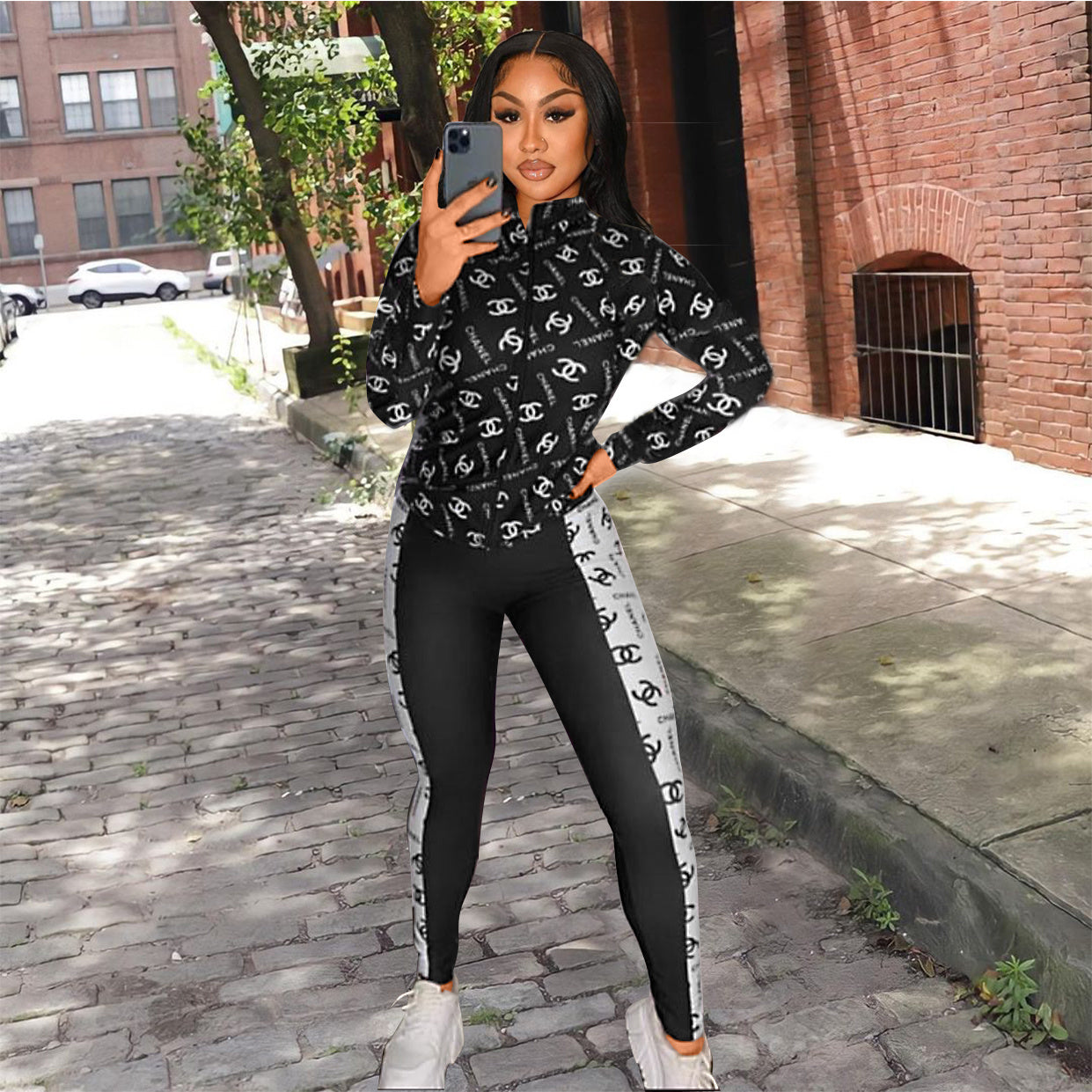 Women's Casual Fashion Chic Color Block Print Zipper  Two-Piece  Pants Set 3