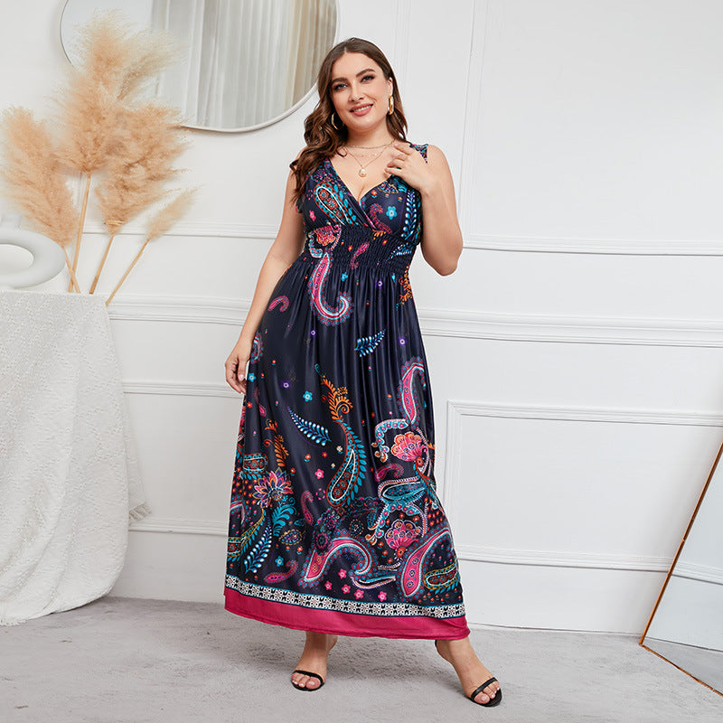 Plus Size Dress Low Back Deep V Neck Retro Paisley Plus Size Long Dress 20